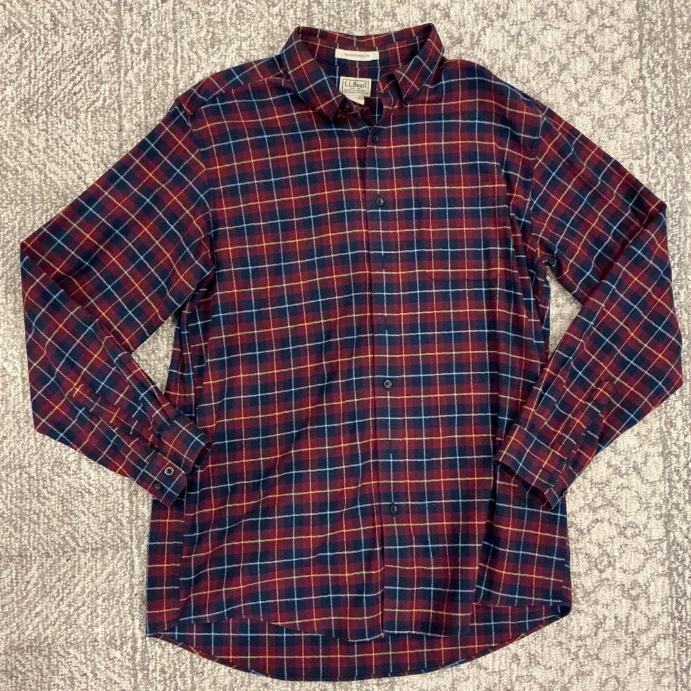 LLBean Scotch Plaid Flannel in maroon navy plaid size large tall